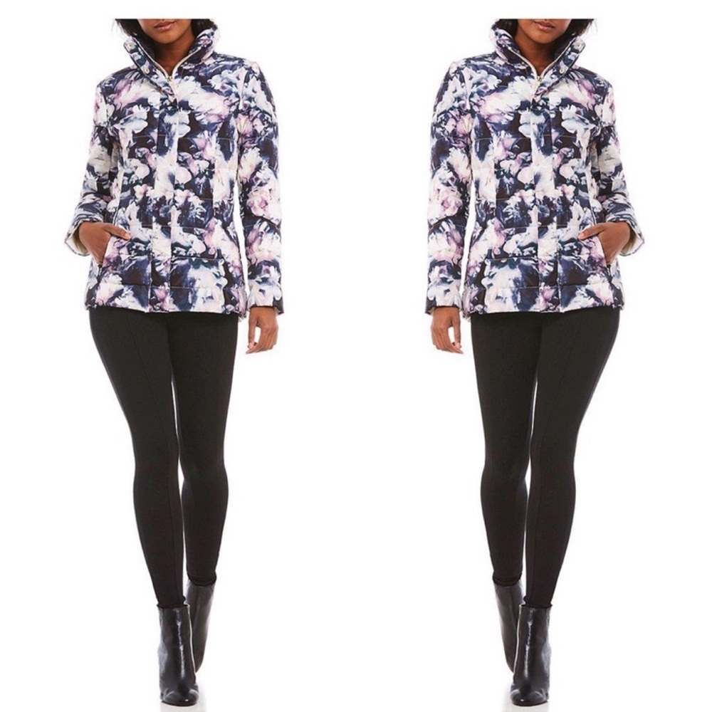 Eliza J Floral Print Puffer Jacket Navy Multi Padded Down Coat - Size M